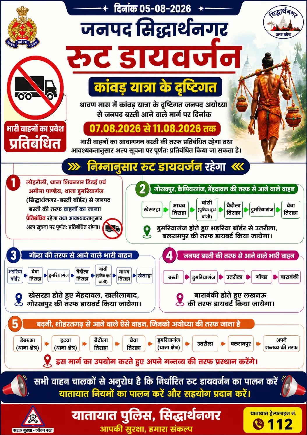 सिद्धार्थनगर-बस्ती मार्ग पर ट्रैफिक व्यवस्था में बदलाव, वैकल्पिक मार्गों से गुजरेंगे भारी वाहन