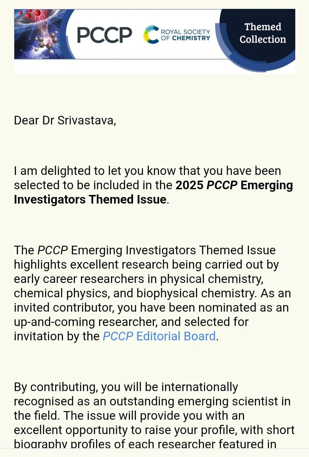 Royal Society of Chemistry की पत्रिका PCCP ने 2025 Emerging Investigators Themed Issue में किया चयन, विश्वविद्यालय के लिए गौरव का क्षण