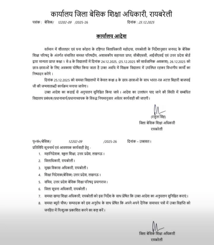 कक्षा 1 से 8 तक के विद्यालय तीन दिन बंद
