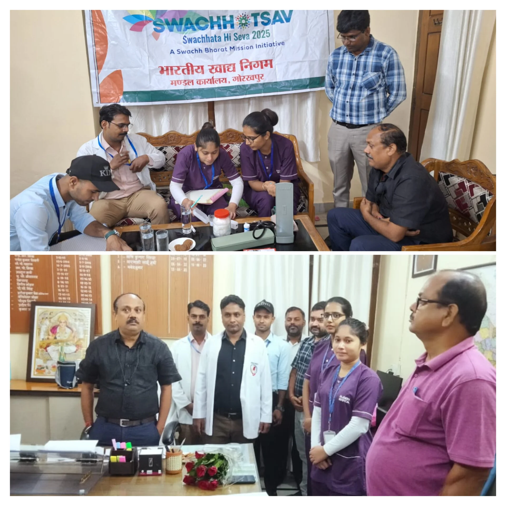 एफसीआई मंडल परिसर में कर्मचारियों व परिजनों की जांच, डॉक्टरों का बुके देकर सम्मान