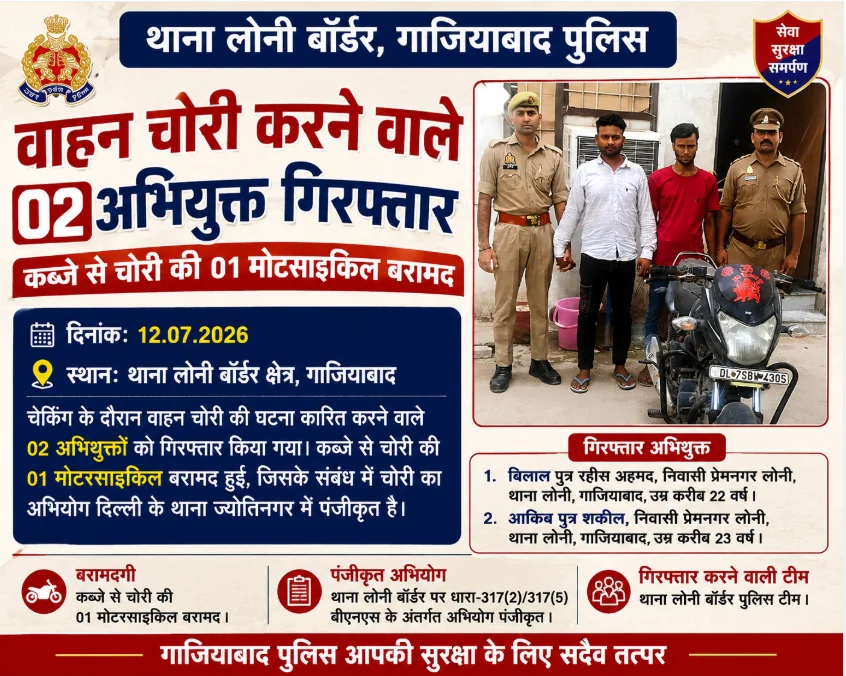 Ghaziabad News : लोनी बॉर्डर पुलिस की बड़ी कार्रवाई, वाहन चोरी करने वाले दो शातिर चोर गिरफ्तार